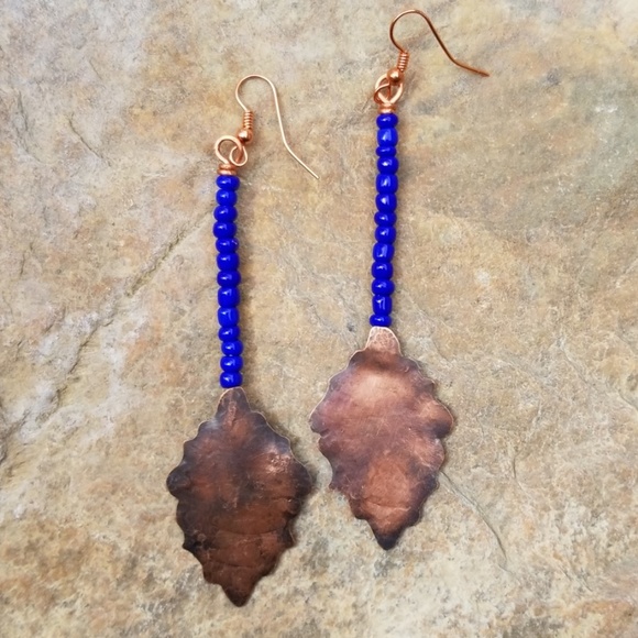 Copper & Blue "Peacock Quill" Earrings - Picture 4 of 5